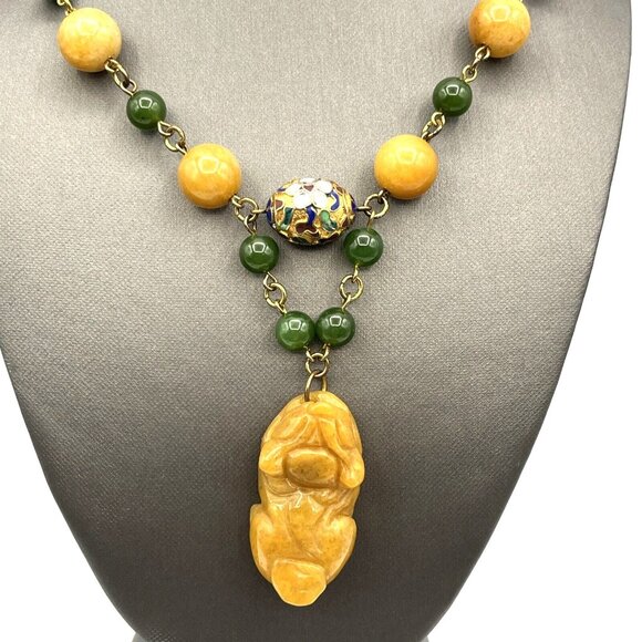 Yellow Jade & Green Nephrite Jade Cloisonne Beaded Carved Foo Dog Necklace 18" - Picture 3 of 12